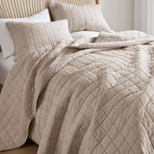 Queen Size Linen Quilt - Breathable Box-Stitch Coverlet