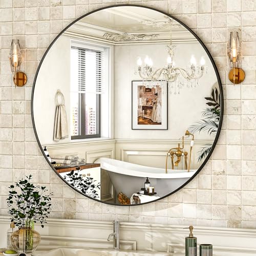 30-Inch Round Wall Mirror with Black Aluminum Alloy Frame
