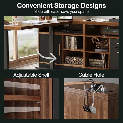 67-Inch L-Shaped Standing Desk with Bookshelf and File Cabinet