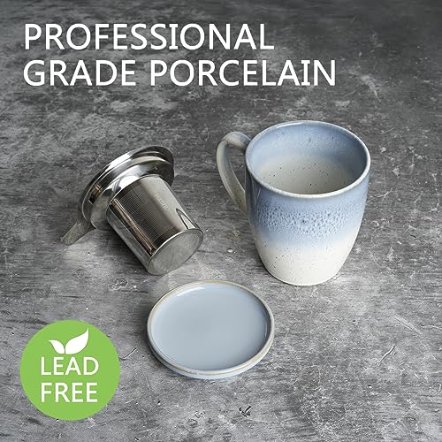 Bosmarlin Blue Ceramic Tea Mug with Infuser & Lid 16 Oz Gradient Glaze