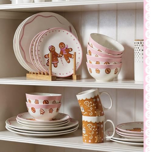 Pickmesh 16Pcs Pink Gingerbread Man Christmas Dinnerware Set for 4 Guests