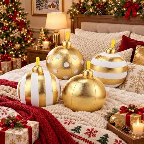 Beeveer 4 Pcs Gold Christmas Ball Ornament Pillows – 6" Set (Gold)