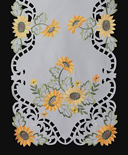 Sunflower Embroidered Table Runner 15x34 White Polyester Home Decor