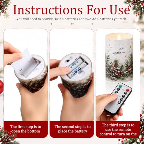 Winter Birch Flameless Candles Set - 3 Color-Changing LED Pillars with Remote