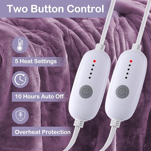 Electric Heated Blanket Queen Size - Soft Microplush with Dual Controllers & 5 Heat Levels