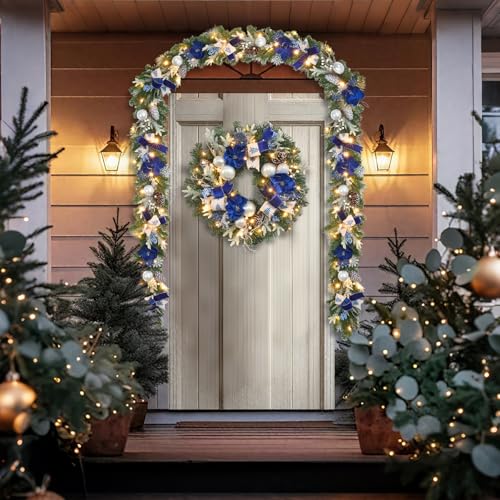 22-Inch Pre-Lit Christmas Wreath with Timer, Blue and Silver Magnolia Decor