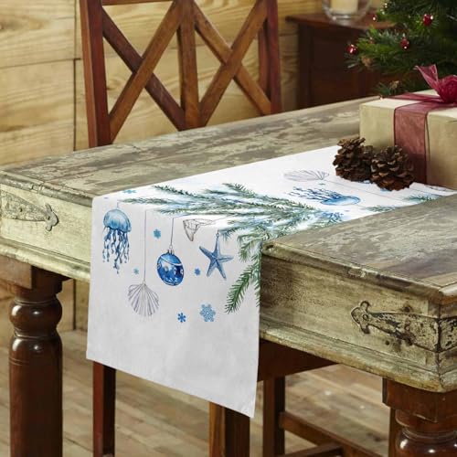 Dodgerblue 13 x 120 inch Blue Coastal Christmas Table Runner - Cotton-Linen Blend