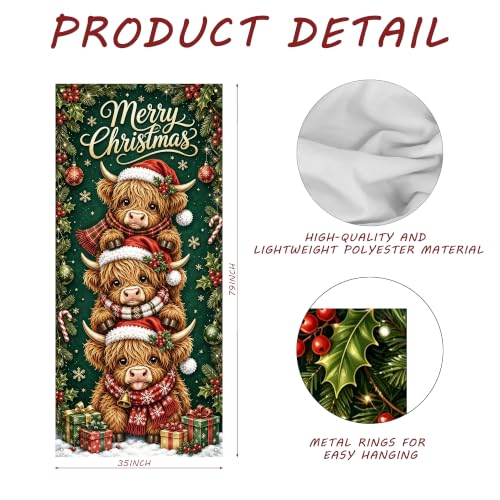 White Highland Cow Christmas Door Cover 35x79in - Holiday Seasonal Decor