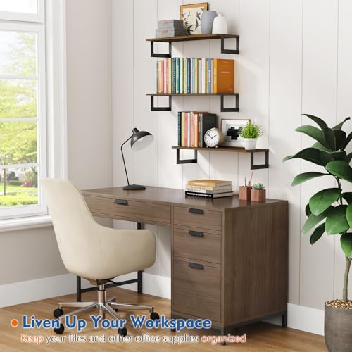 3-Pack 24-Inch Floating Wall Shelves, Rustic Solid Wood Bookshelf Set