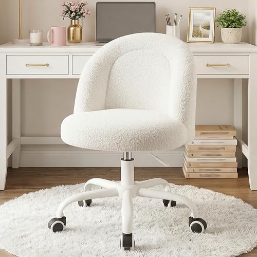 Teddy Fleece Vanity Chair - Adjustable Height Swivel Desk Chair, Cream White