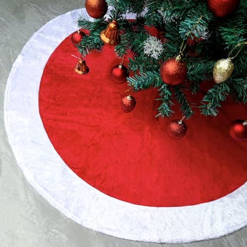 Red and White Christmas Tree Skirt 48 Inch Faux Fur Xmas Decoration - APAEAT