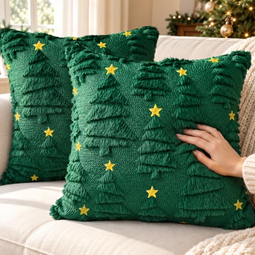 Aryala Deep Green Christmas Pillow Covers 18x18 Set of 2 - Tree & Star Decor