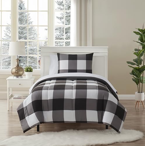 Sweet Home Collection Buffalo Plaid Black/White 5-Piece Comforter Set Twin Bed in a Bag All-Season Bedding