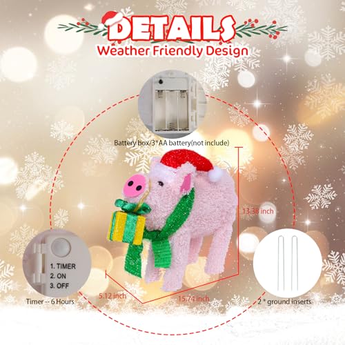Lighted Christmas Pig Decoration with Santa Hat & Gift Box (Pink) - Battery-Powered