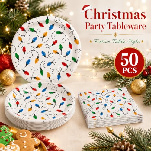 KFJBPB Christmas Plates and Napkins Set - 50PCS 7 Inch Holiday Party Tableware