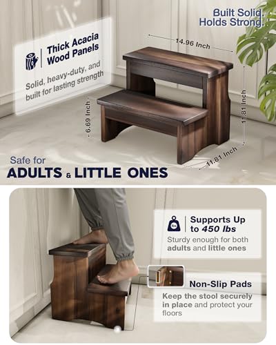 Two-Step Acacia Wood Stool - Heavy Duty Bedside Step Stool, 450 lbs