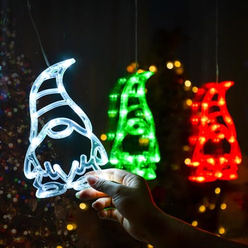 LOLStar 3 Pack Gnomes Christmas Window Lights with Suction Cups - Timer & Fade Mode, Battery Operated