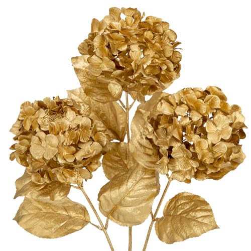Hollyone Gold 3-Pack Artificial Hydrangea Flowers 26.8in – Fake Floral Centerpieces for Wedding, Party, Christmas