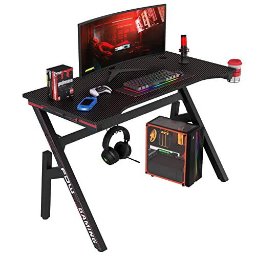 47-Inch R-Shaped Gaming Desk with Carbon Fiber Texture and Cup Holder
