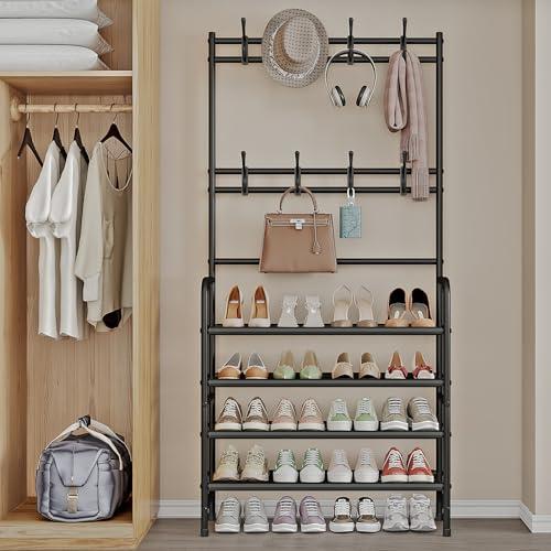 4-Tier Metal Hall Tree with Shoe Rack and Coat Hooks, Freestanding Organizer