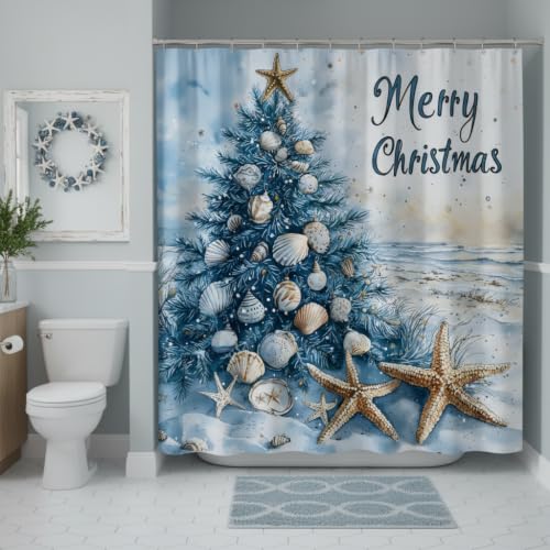 FAXTOZ Christmas Shower Curtain 70x70 Inches Coastal Watercolor Tree Shells Starfish