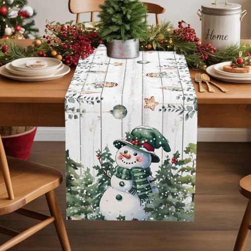 Gray Green Christmas Snowman Table Runner 13x120 Inches Holiday Decor