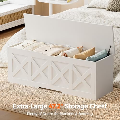 47.2" Farmhouse Wooden Storage Chest with Safety Hinge, White