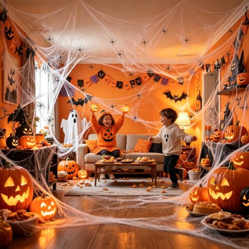 Halloween Spider Webs with 50 Fake Spiders - 1200 sqft Stretchable Decor