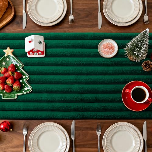 Christmas Table Runner 13x36 Inch Faux Rabbit Fur Holiday Decor - Green