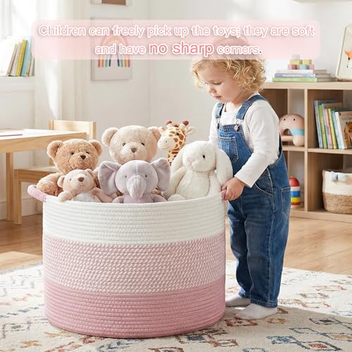 70L Large Cotton Rope Basket - Woven Blanket & Toy Storage Hamper, Pink