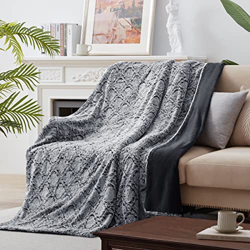 KAWAHOME King Size Faux Fur Blanket Dark Grey Ultra Soft Plush Bed Throw