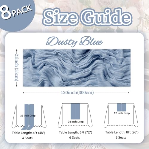 8 Pack Dusty Blue Cheesecloth Table Runners 23 x 120 Inch - 10Ft - Pepmily