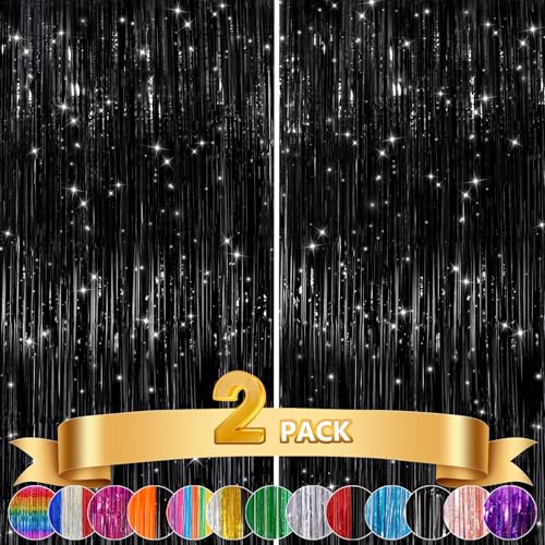 2-Pack Black Foil Fringe Curtains - Metallic Tinsel Backdrop for Parties