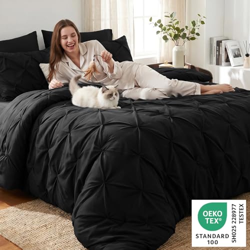 CozyLux Black Queen Comforter Set 7-Piece Pintuck Bed in a Bag
