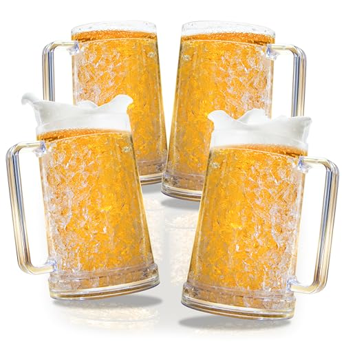 16 oz Double Wall Freezer Beer Mugs, Set of 4 Insulated Gel-Filled Steins