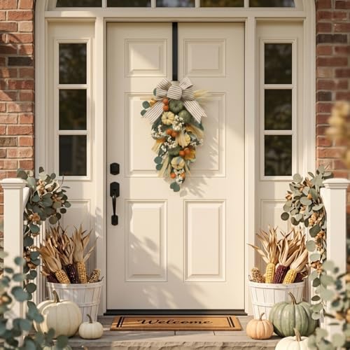 24-Inch Fall Pumpkin Teardrop Swag with Warm LED Lights for Front Door