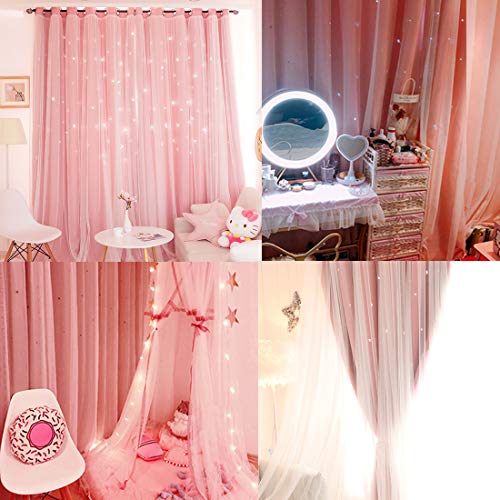 Double Layer Star Cut Out Blackout Curtains, Pink 52 x 63 Inch Panels