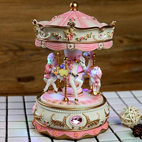Rotating Carousel Music Box with LED Lights, Pink Resin Tabletop Decor