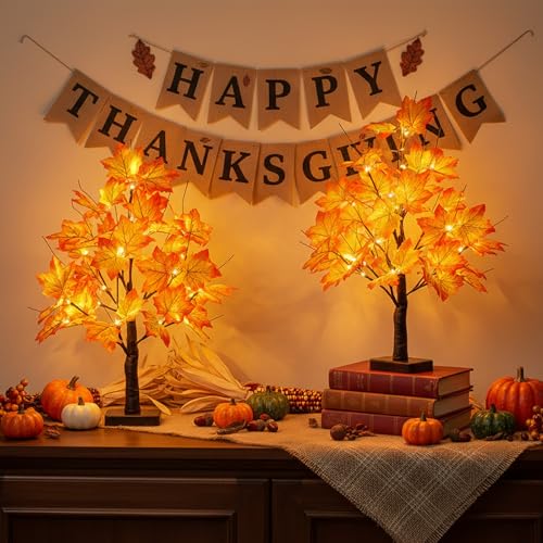 Lighted Artificial Fall Maple Tree - 22" Battery Operated with 24 LEDs - 2 Pack Fall Decorations for Indoor Use
