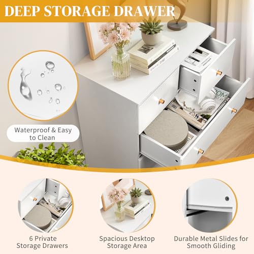 Modern 5-Drawer Wood Dresser with Rose Gold Handles for Bedroom Storage