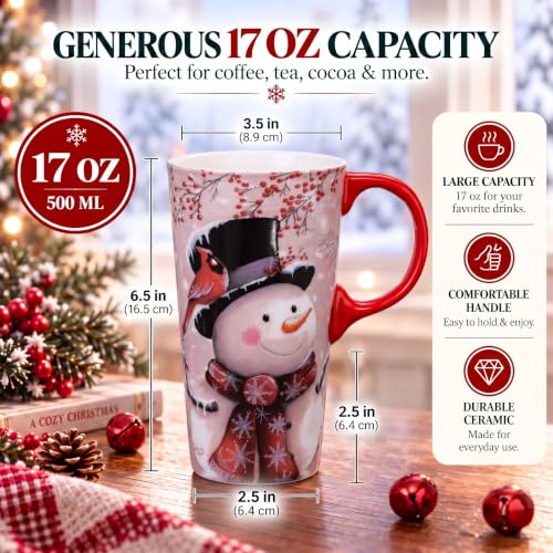 Topadorn 17oz Ceramic Travel Mug with Lid - Snowman Cardinal Christmas Coffee Cup