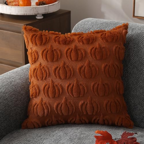 Fall Pillow Covers 18x18 Set of 2 - Soft Plush Rust Pumpkin Cushion Cases