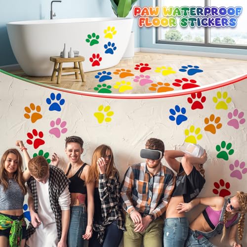 30 Pcs Large Colorful Paw Print Floor Decals, 7.5 Inch Vinyl Wall Clings
