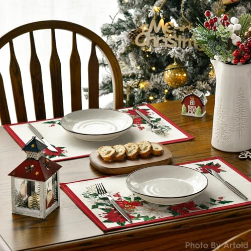 Artoid Mode 12x18 Inch Christmas Placemat Set of 8 Beige & Red Leaves Poinsettia Seasonal Table Decor