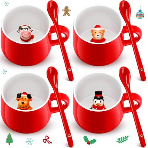Cute Style Christmas Animal Coffee Mug Set, 13.5 oz with Spoons, 4-Piece