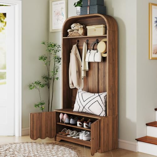Narrow Hall Tree with Storage Bench and Shoe Cabinet, Walnut Finish