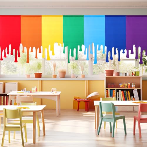 Rainbow Paint Drip Curtains, 7-Piece Colorful Classroom Window Drapes