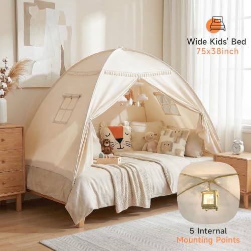 Kids Indoor Twin Bed Tent Canopy with Star Lights & Flags - Golden Beige