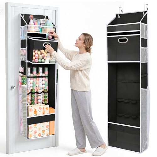 Over The Door Wrapping Paper Storage Organizer with Drawer and Mesh Pockets