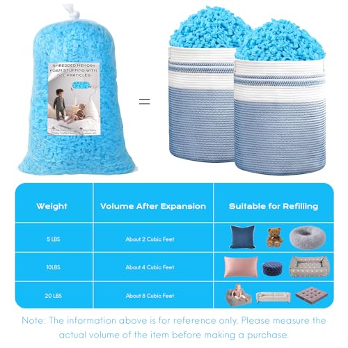 Garifon 10lbs Blue Shredded Memory Foam Bean Bag Filler - Comfortable & Supportive
